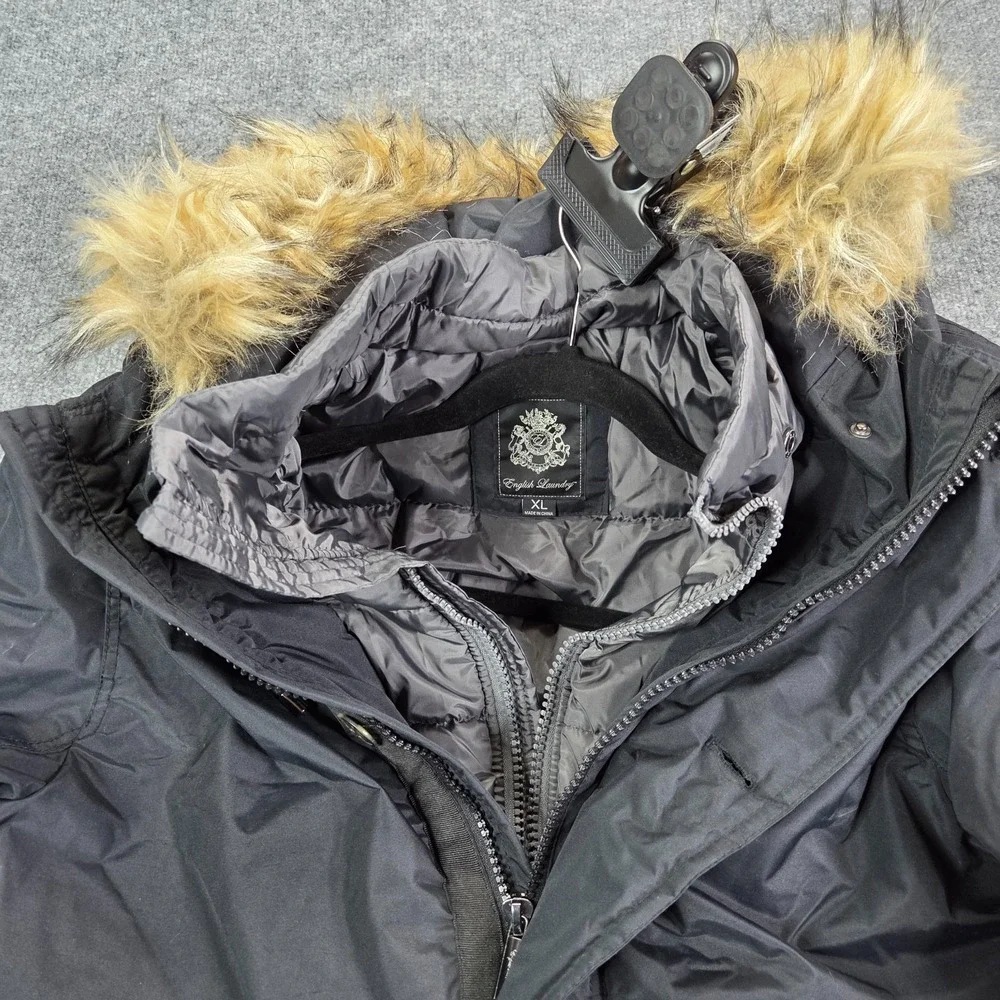 English Laundry Black Hooded Parka Jacket Faux Fur Trim Winter Mens‎ Size XL